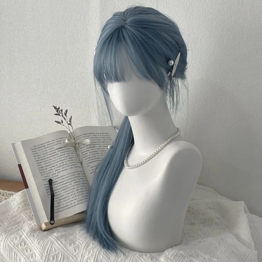 Blue Gray Sweet Long Straight Hair Straight Bangs Style Wig