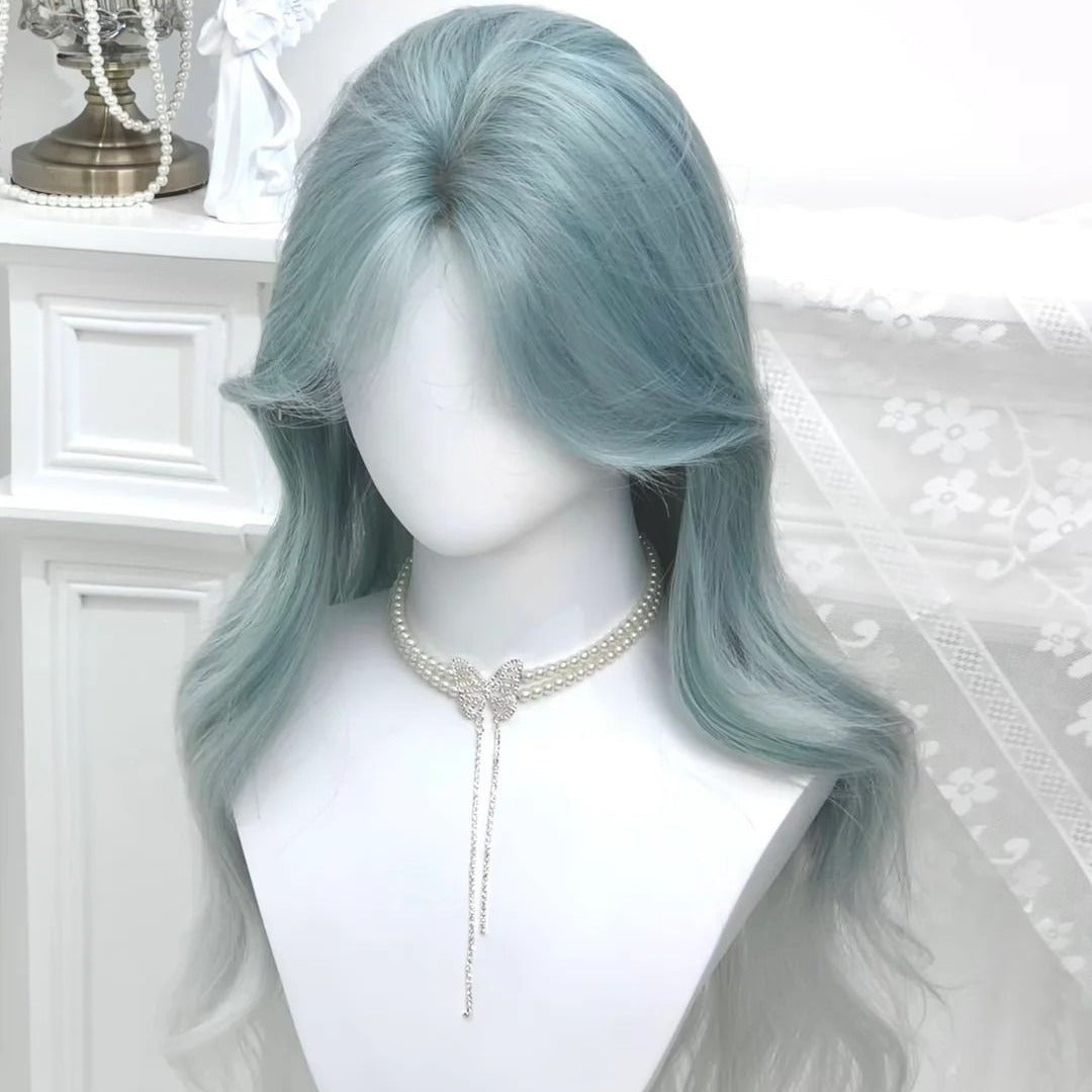 Summer Female Mint Blue Gradient Middle Part Hair Natural Wave Wig