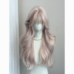 Pink Long Hair Misty Pink Gold Long Curly Hair with Bangs