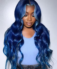 Blue Lace Front Wig Human Hair Pre Plucked Dark Blue Body Wave Wig