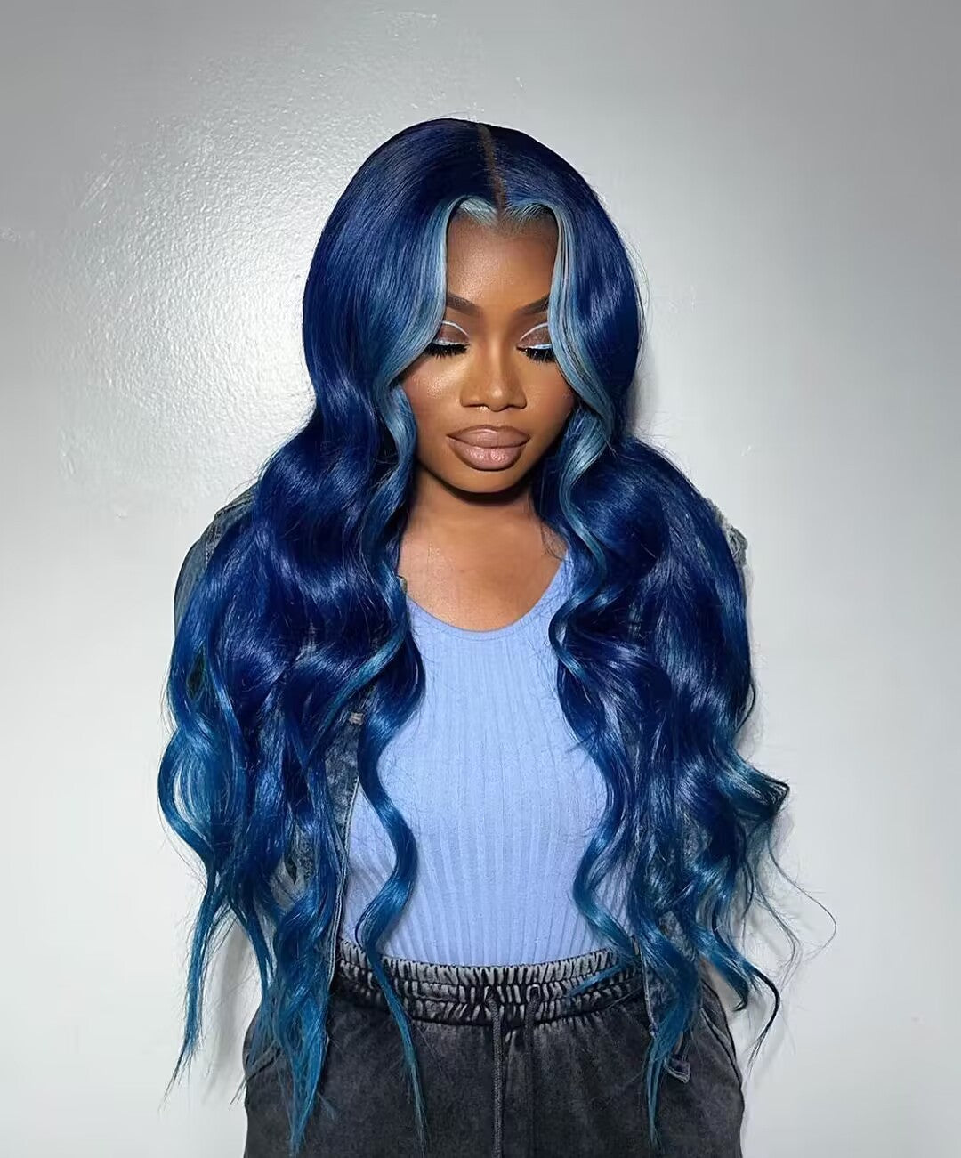 Blue Lace Front Wig Human Hair Pre Plucked Dark Blue Body Wave Wig