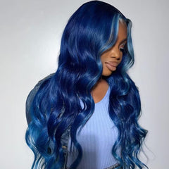 Blue Lace Front Wig Human Hair Pre Plucked Dark Blue Body Wave Wig