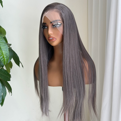 Cyan-Silver Grey Straight Synthetic 13x4 Lace Front Wig