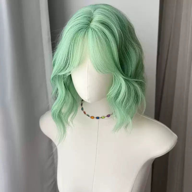 Mint Green Bob Curly None Lace Synthetic Short Wig