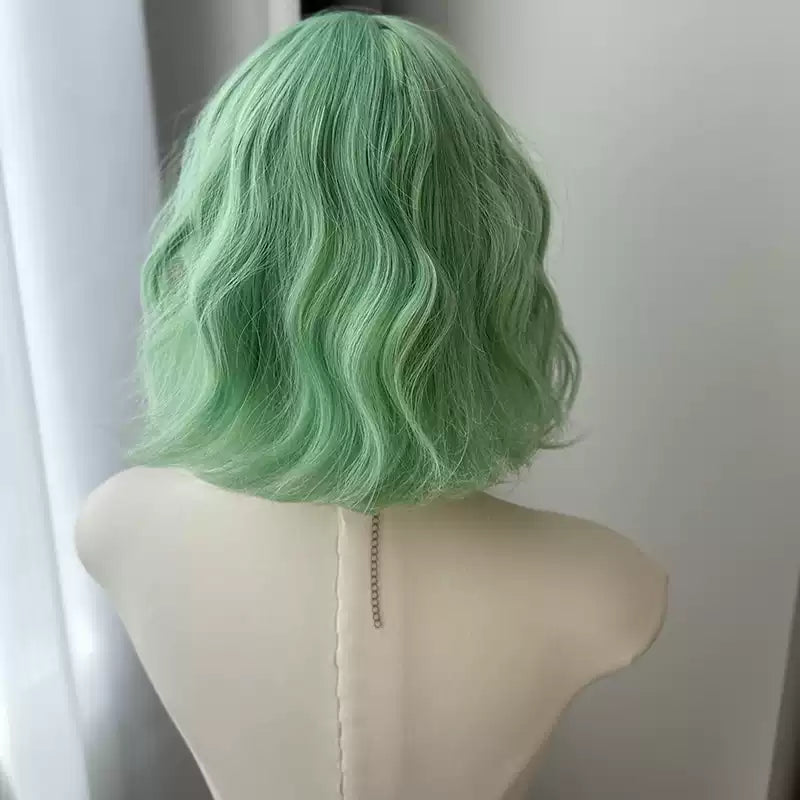 Mint Green Bob Curly None Lace Synthetic Short Wig