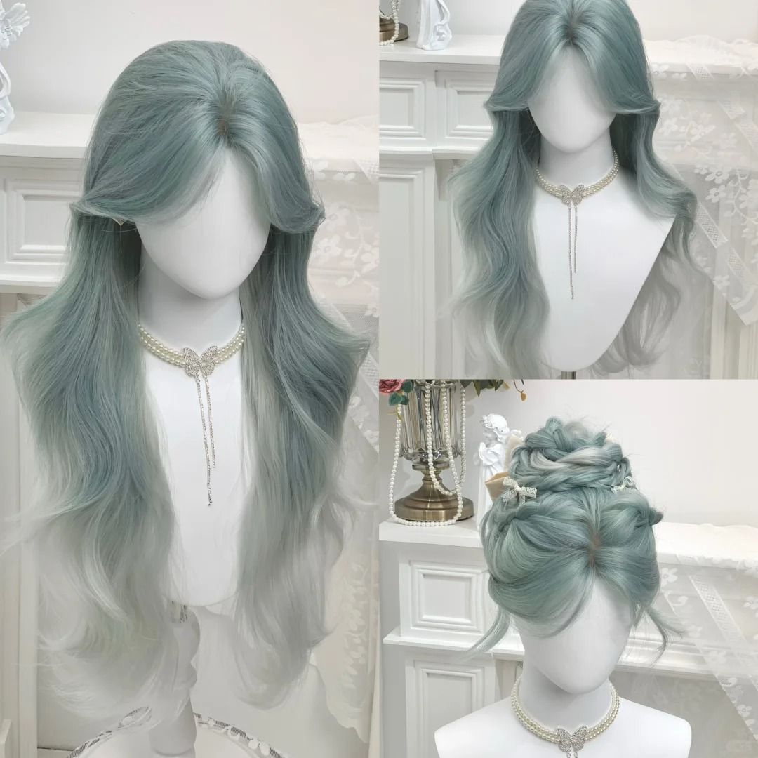Summer Female Mint Blue Gradient Middle Part Hair Natural Wave Wig