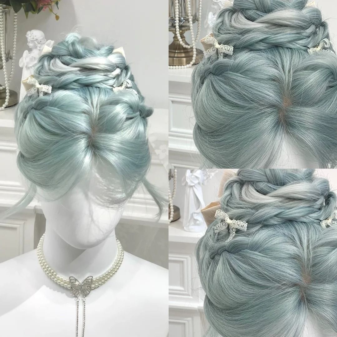 Summer Female Mint Blue Gradient Middle Part Hair Natural Wave Wig