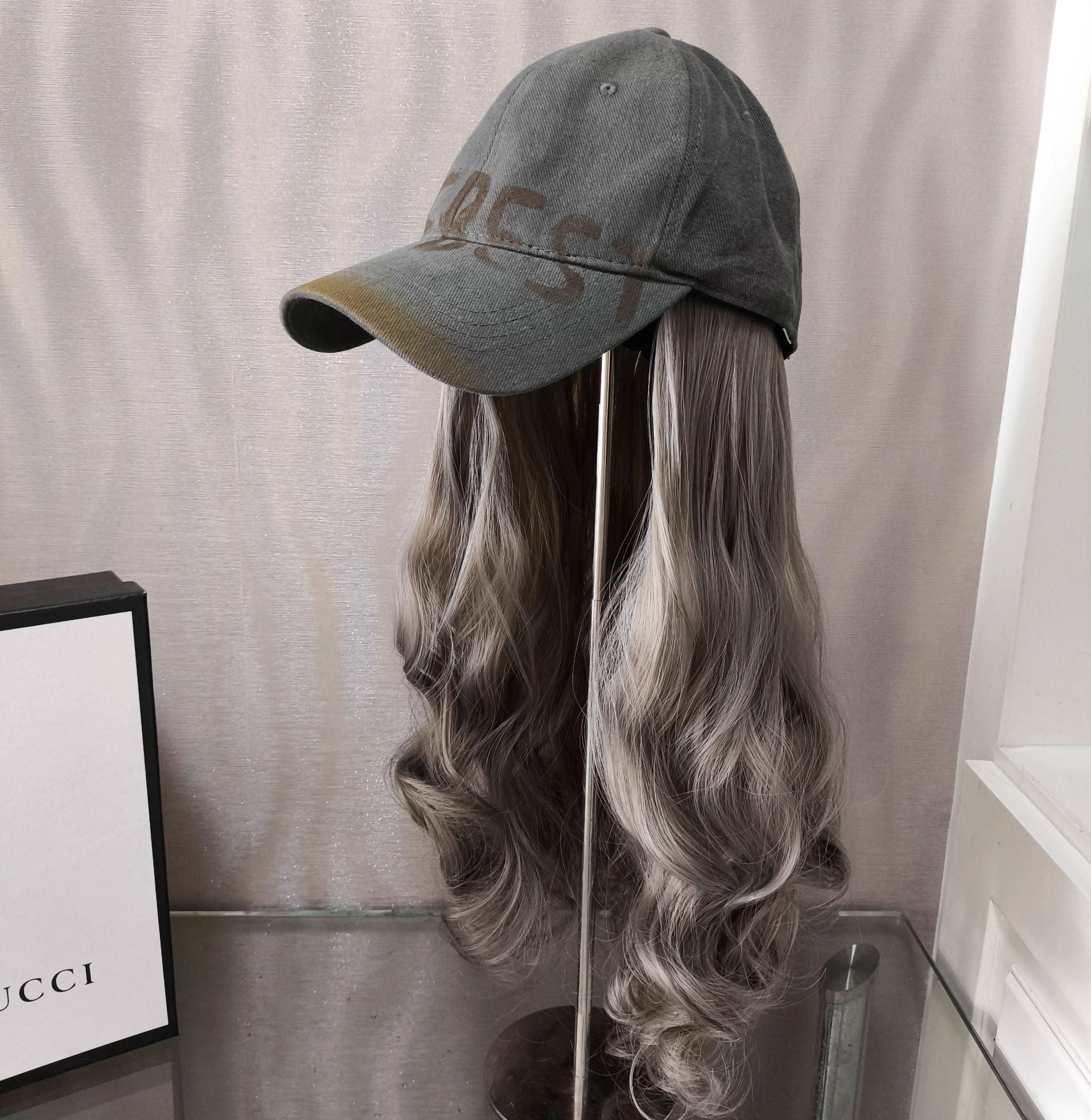 Retro Baseball Cap Wig with Detachable Wig Letter Design Face Slimming