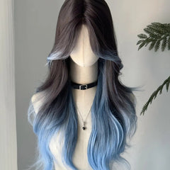 Female Iris Blue Black Ombre Gradient Color Full-Head Wig