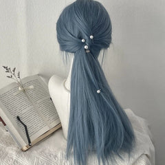 Blue Gray Sweet Long Straight Hair Straight Bangs Style Wig