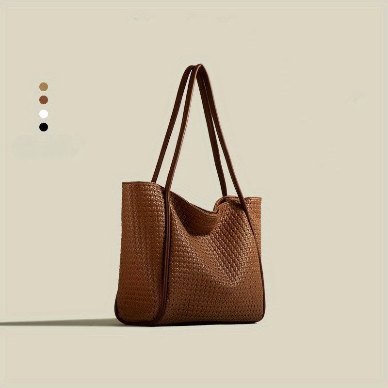 Large Capacity Women's Tote Bag - Retro Fashion Simple Shoulder Bag with Textured Design