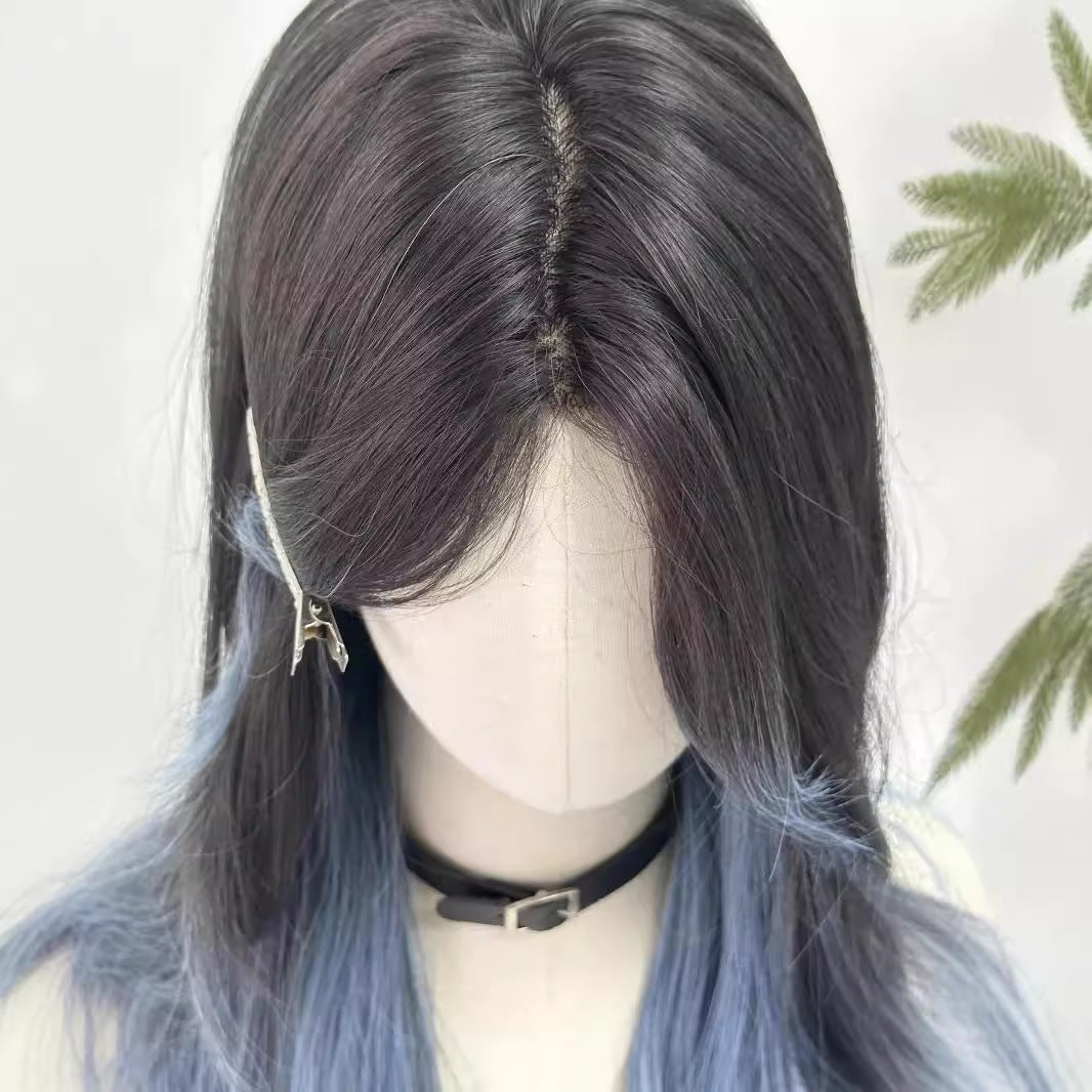 Female Iris Blue Black Ombre Gradient Color Full-Head Wig