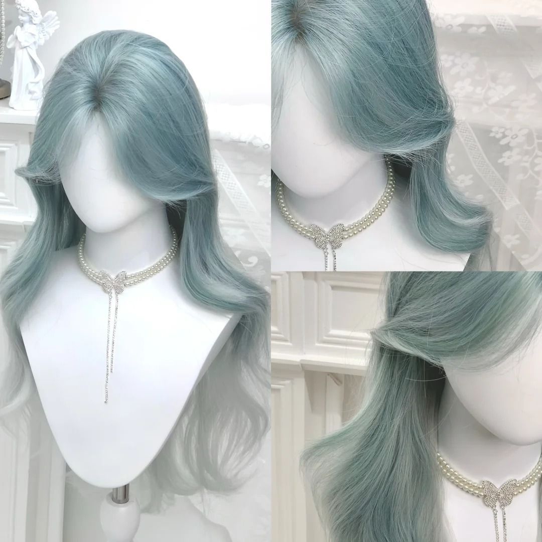 Summer Female Mint Blue Gradient Middle Part Hair Natural Wave Wig