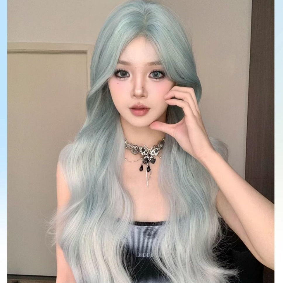 Summer Female Mint Blue Gradient Middle Part Hair Natural Wave Wig