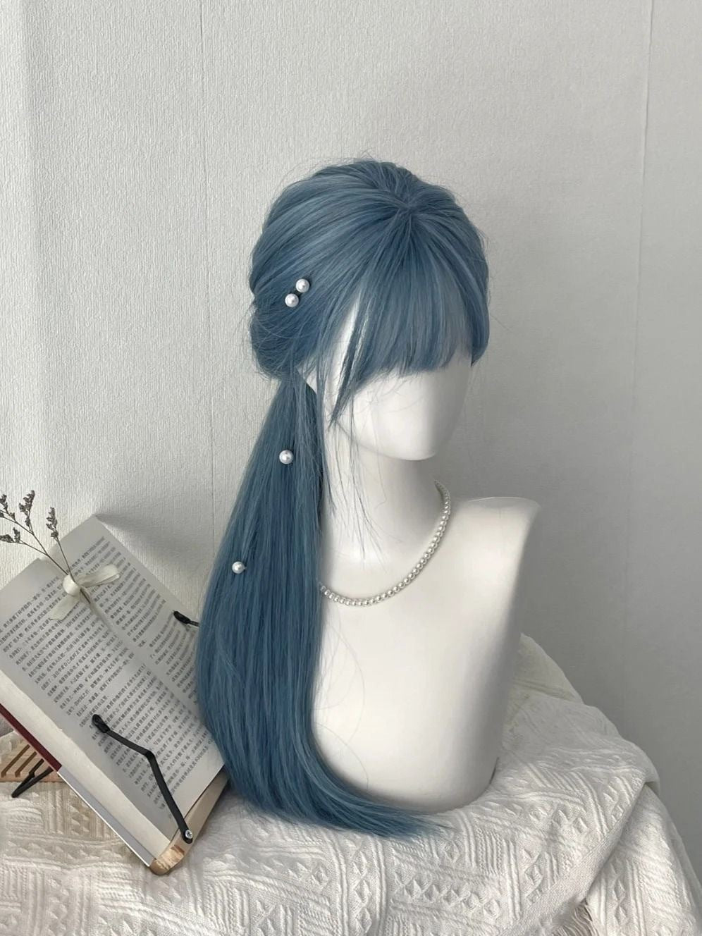 Blue Gray Sweet Long Straight Hair Straight Bangs Style Wig
