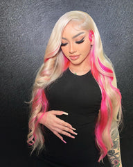 Custom Blonde Wig with Pink Highlight Lace Front Wig Human Hair 13x4 Lace Wig