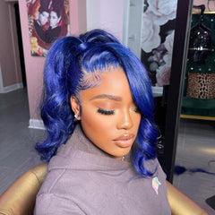 Short Blue Lace Front Wig Human Hair Pre Plucked Dark Blue Body Wave Wig