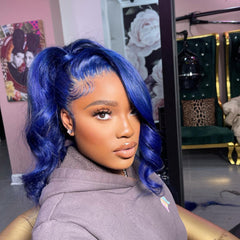 Short Blue Lace Front Wig Human Hair Pre Plucked Dark Blue Body Wave Wig