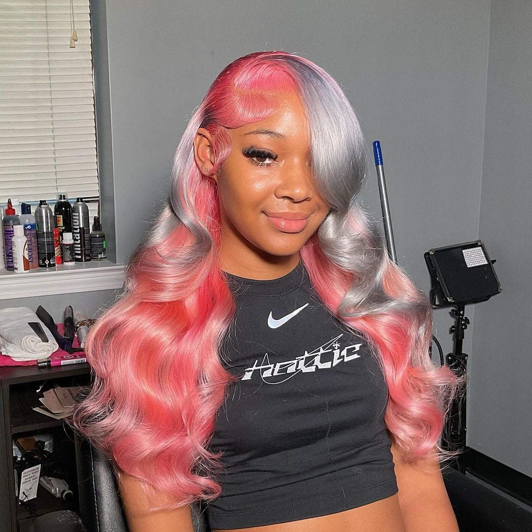 Lace Front Wig Pink Gray Color Pre Plucked Glueless Wig