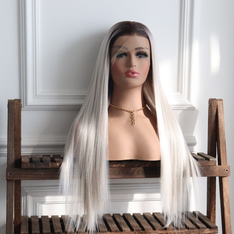 Bianca-Ombre White and Black Root Color Long Synthetic 13x4 Lace Front Wig