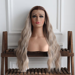 Juno-Brown Root and Beige Ombre Wavy Synthetic 13x4 Lace Front Wig